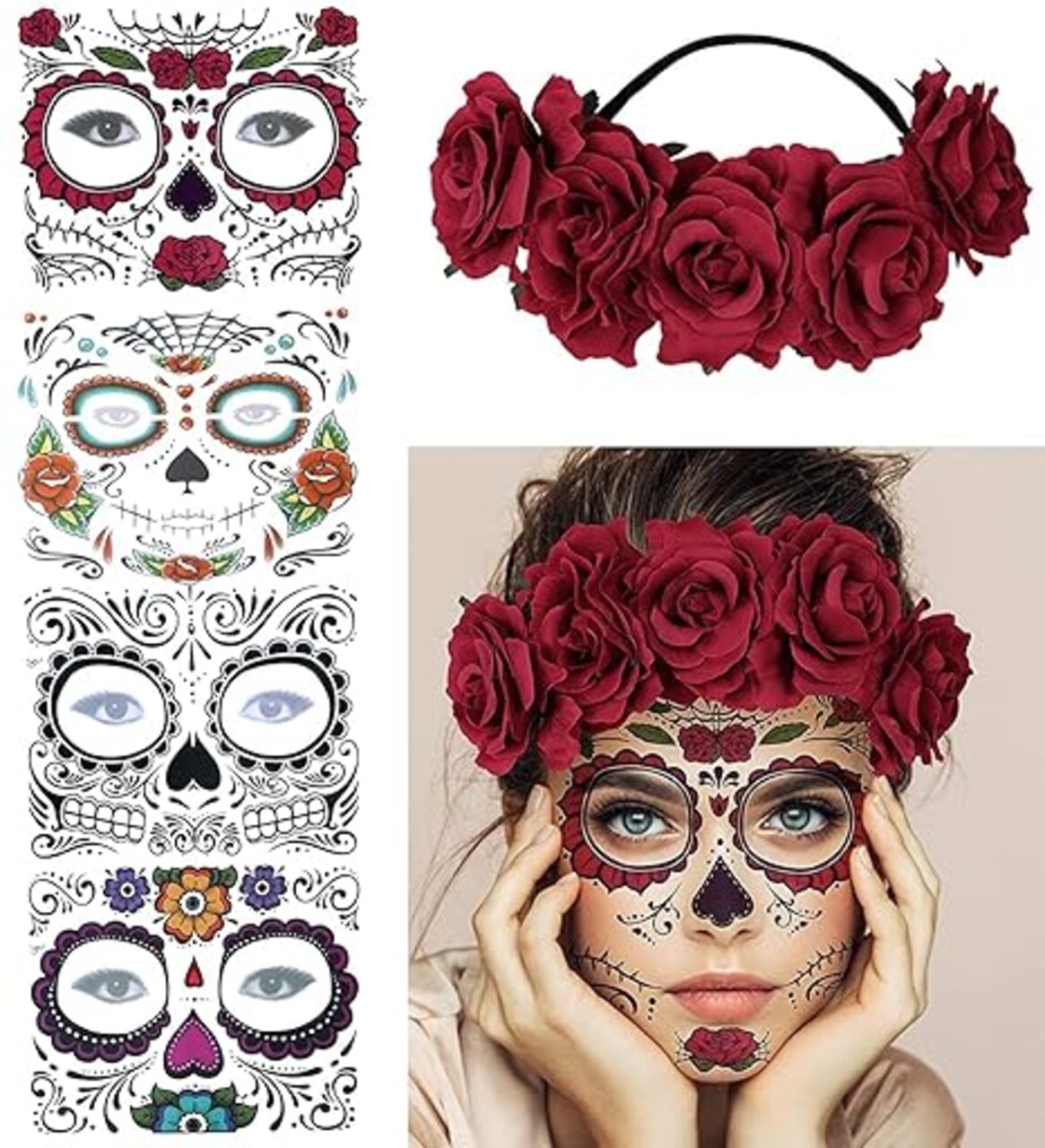 4 Kits Day of the Dead Sugar Skull Temporary Face Tattoo Makeup Tattoo for Men and Women with 1 Rose Red Flower Crown Headband for Halloween Costume